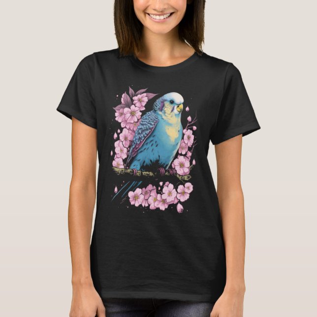 Budgie Budgerigar Bird Japanese Cherry Sakura Flow T-Shirt (Vorderseite)