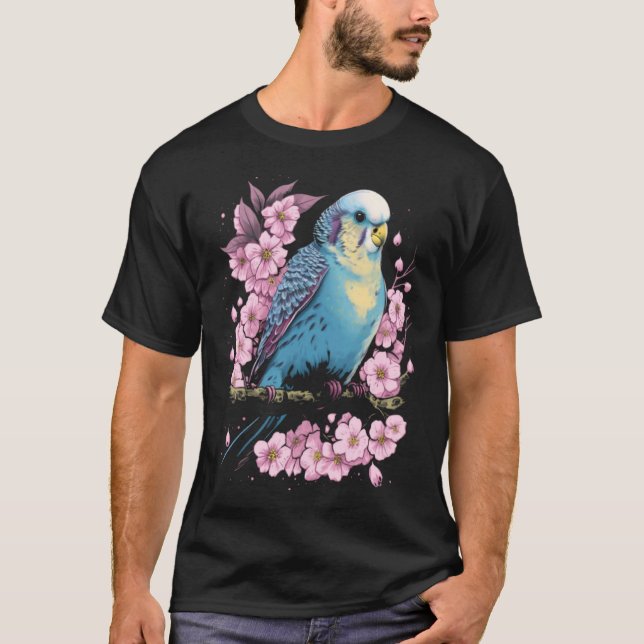 Budgie Budgerigar Bird Japanese Cherry Sakura Flow T-Shirt (Vorderseite)