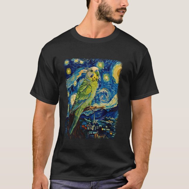 Budgie Budgerigar Parrot Bird Starry Night Paintin T-Shirt (Vorderseite)