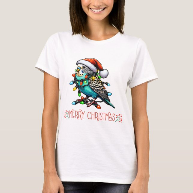 Budgie Budgerigar Parrot WeihnachtsHat Xmas T-Shirt (Vorderseite)