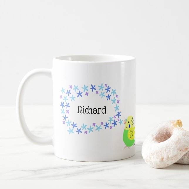 Budgie Budgerigar Vogelliebhaber Individuelle Name Kaffeetasse (Mit Donut)
