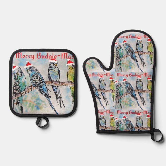 Budgie Budgies Merry Budgiemas Christmas Stocking Ofenhandschuh & Topflappen-Set (Vorderseite)
