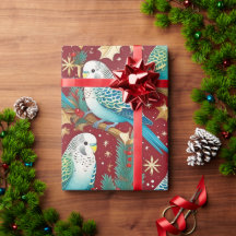 Budgie Gold & Red Christmas Wrapping Paper