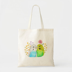 Budgie Parakeet Vögel und Blume Wasserfarben Kunst Tragetasche
