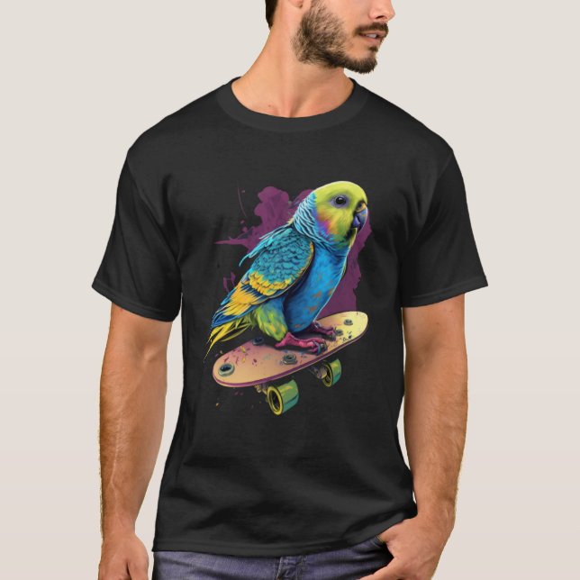 Budgie Skateboard Budgerigar Parakeet Bird T-Shirt (Vorderseite)