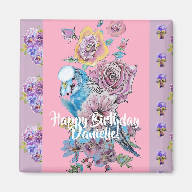 Budgie Watercolor Blumendamen Birthday Magnet (Vorne)