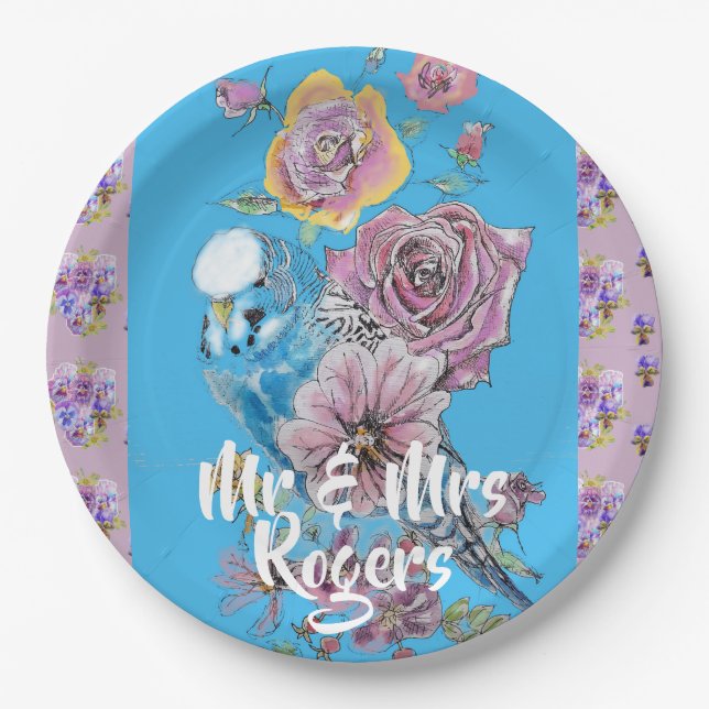 Budgie Watercolor Blumenlila Hochzeitspapierplatte Pappteller (Vorderseite)