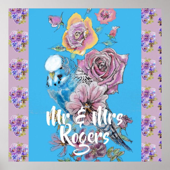 Budgie Watercolor Blumenlila Neu gezogenes Poster (Vorne)