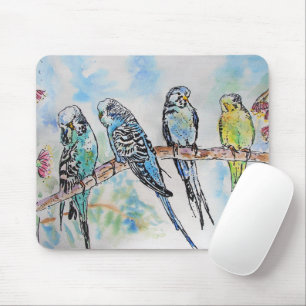 Budgie Watercolor Painting Bird Vögel Whimsical Mousepad