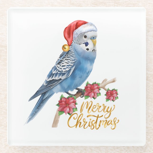 Budgie Weihnachten Glasuntersetzer (Vorderseite)