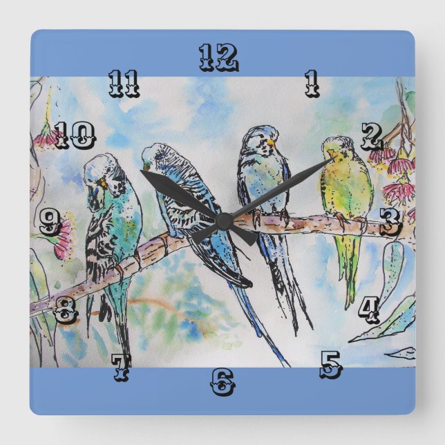 Budgies Budgie Budgerigar Bird Room Clock Quadratische Wanduhr (Vorderseite)