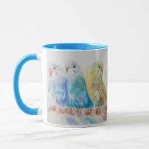 Budgies Drei-sitzende Zweigstelle Wasserfarbe Tass Tasse