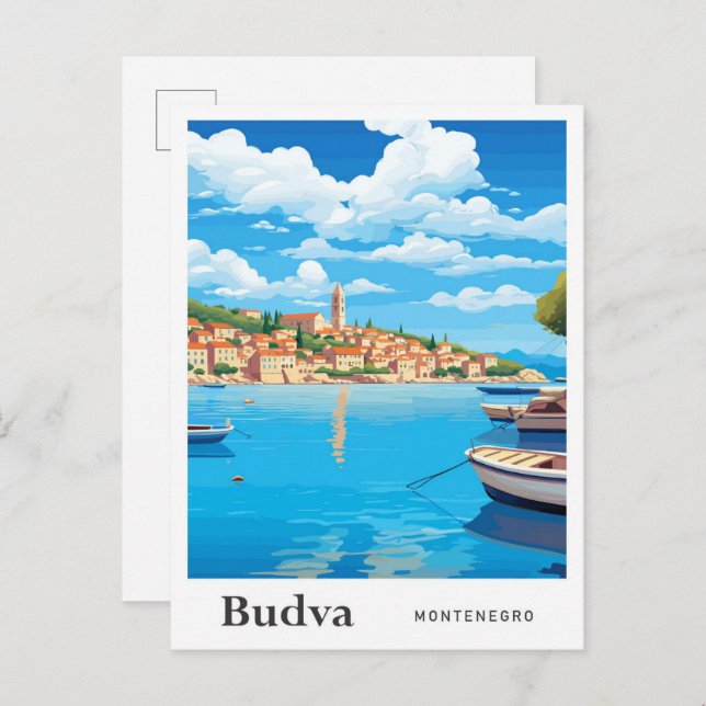 Budva Montenegro Art Vintage Reisevorführung Postkarte (Vorne/Hinten)