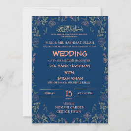 Bue & Peach Floral Muslim Hochzeit Einladung