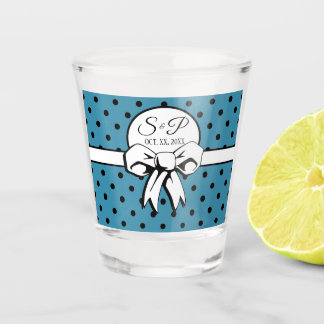Bue und Black Polka Dots White Bow Personalisiert Schnapsglas