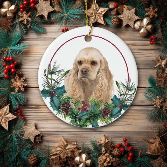 Buff American Cocker Spaniel Evergreen Wreath Keramik Ornament (Von Creator hochgeladen)
