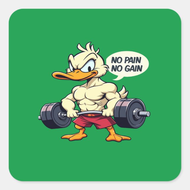 Buff Duck No Pain No Gain Gym Workout Cartoon Quadratischer Aufkleber (Vorderseite)