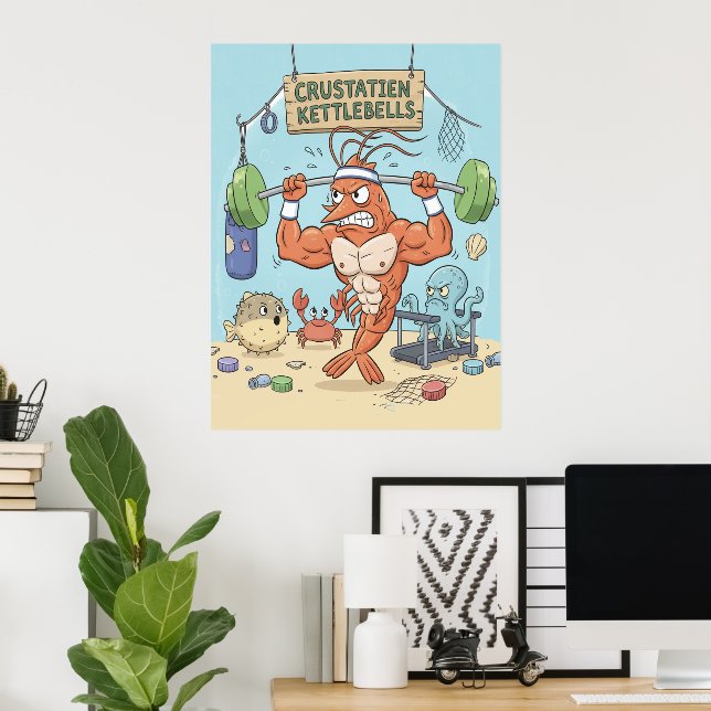 Buff-Garnelen-Gym-Poster - Lustiger Strand-Kunst-D Poster (Heimbüro)
