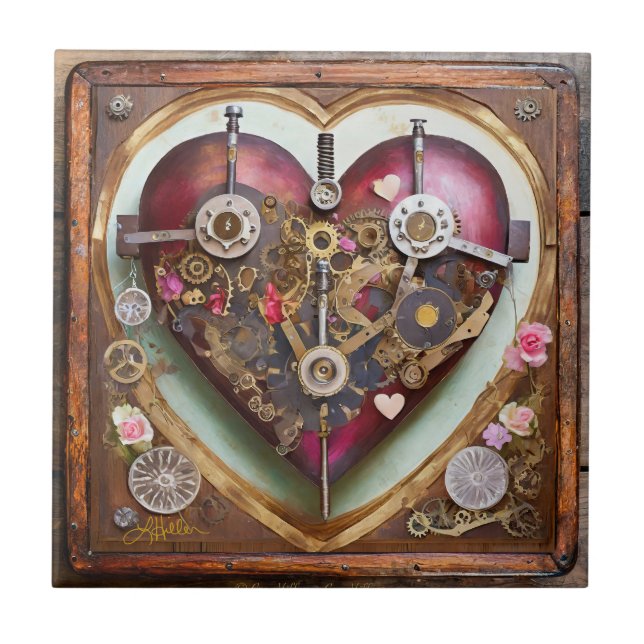 Buff Rot Herz Steampunk-Serie Fliese (Vorderseite)