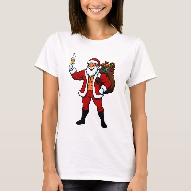Buff Santa Cheers! Ripped Santa Claus with Champag T-Shirt (Vorderseite)