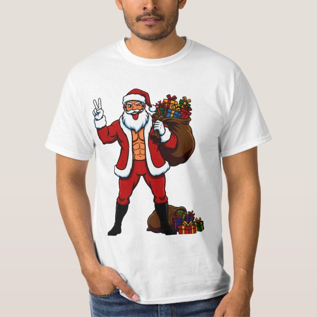Buff Santa Peace Sign! Ripped Abs & Funny Christma T-Shirt (Vorderseite)
