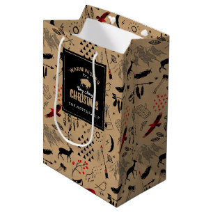 Buffalo Adventures Pattern Label Kraft/Red ID599 Mittlere Geschenktüte