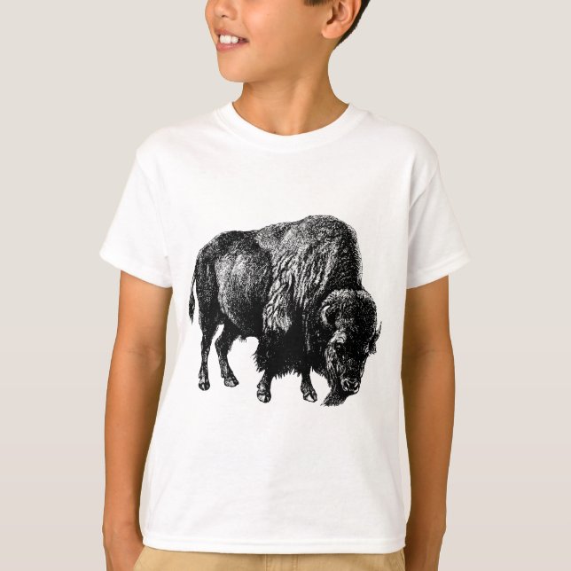 Buffalo American Bison Vintag Wood Gravur T-Shirt (Vorderseite)