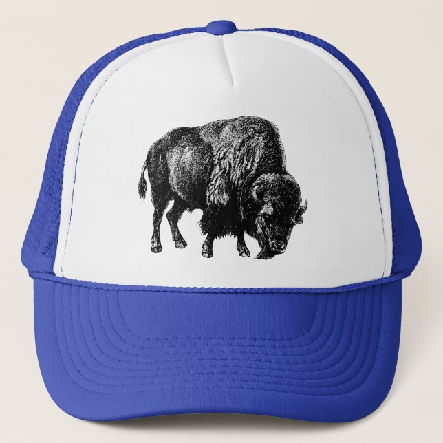 Buffalo American Bison Vintag Wood Gravur Truckerkappe (Vorderseite)