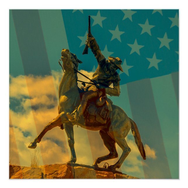 Buffalo Bill Cody statue Cody, Wyoming & USA flagg Poster (Vorderseite)