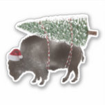 Buffalo Bison Christmas Tree Aufkleber<br><div class="desc">Illustration eines Büffelbisons mit Weihnachtsmannmütze und frisch geschnittenem Weihnachtsbaum,  der an den Rücken gebunden ist.</div>