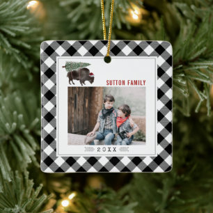 Buffalo Bison Christmas Tree Kariertes Foto Cowboy Keramikornament
