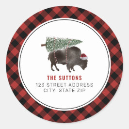 Buffalo Bison Christmas Tree Red Karierte Adresse Runder Aufkleber