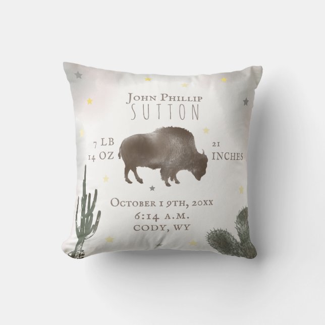 Buffalo Bison Desert Cactus Baby Birth Stats Kissen (Vorderseite)