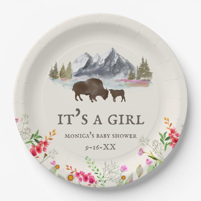 Buffalo Bison Mountains Girl Baby Dusche Pappteller (Vorderseite)