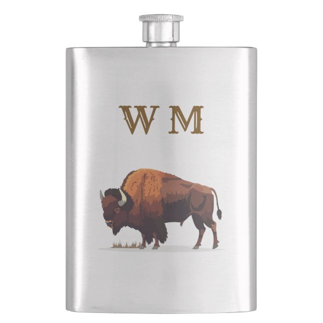 Buffalo Bison on Stainless Steel Flask Monogrammie Flachmann (Vorderseite)