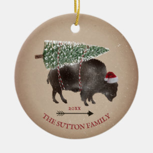Buffalo Bison Santa Arrow Schnee Weihnachtsbaum Keramik Ornament