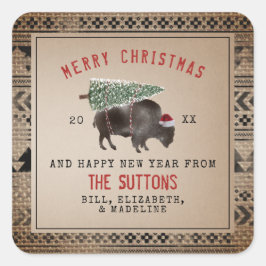 Buffalo Bison Santa Merry Christmas Tree Burlap Quadratischer Aufkleber