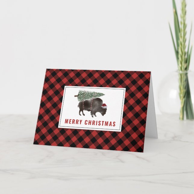 Buffalo Bison Santa Merry Weihnachtsbaum Rot Karie Feiertagskarte (Vorderseite)