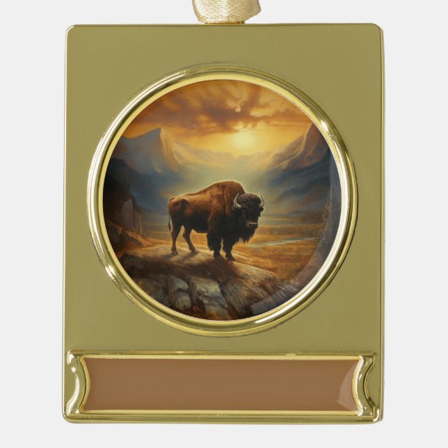Buffalo Bison Sunset Silhouette Banner-Ornament Gold (Vorderseite)