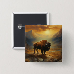 Buffalo Bison Sunset Silhouette Button