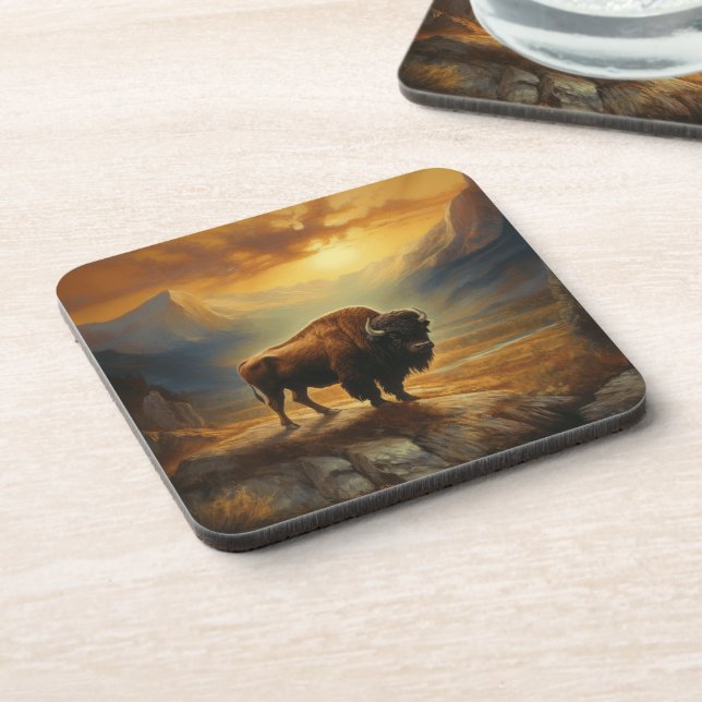 Buffalo Bison Sunset Silhouette Getränkeuntersetzer (Linke Seite)