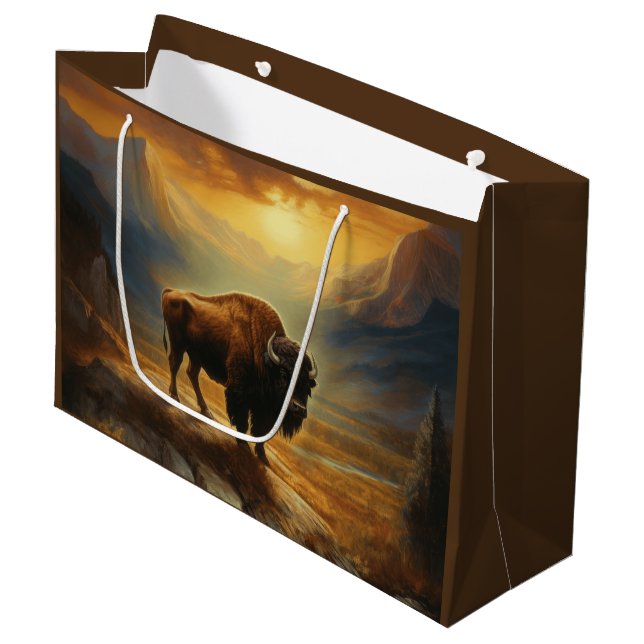 Buffalo Bison Sunset Silhouette Große Geschenktüte (Vorderseite Schrägansicht)