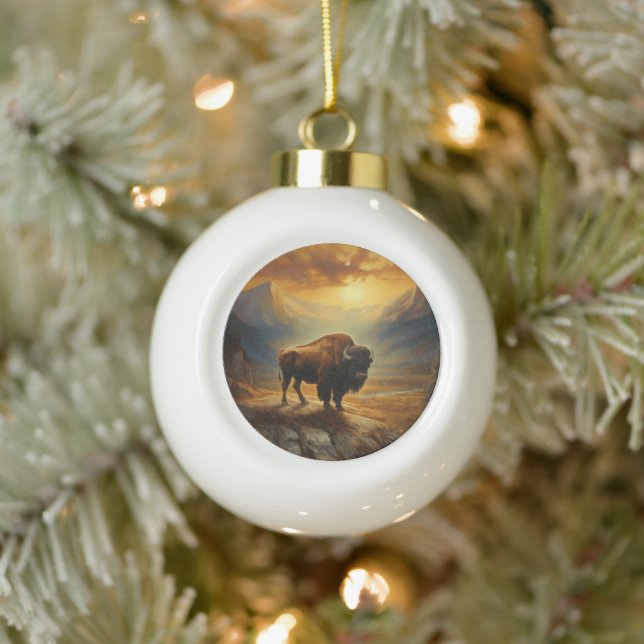 Buffalo Bison Sunset Silhouette Keramik Kugel-Ornament (Baum)
