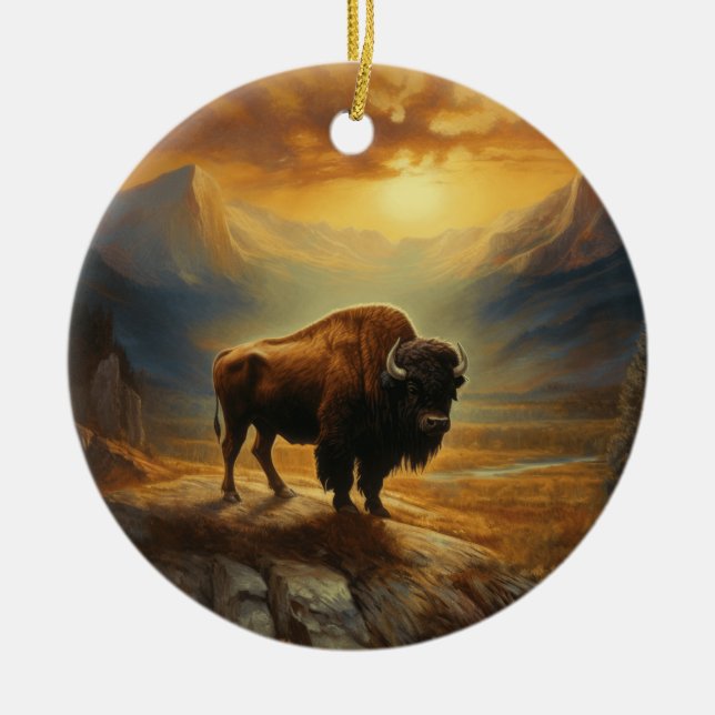 Buffalo Bison Sunset Silhouette Keramik Ornament (Vorne)