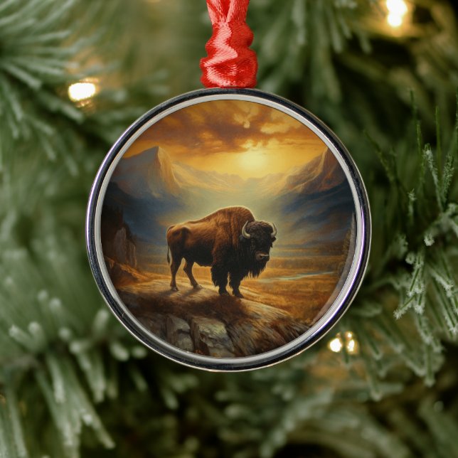 Buffalo Bison Sunset Silhouette Ornament Aus Metall (Baum)