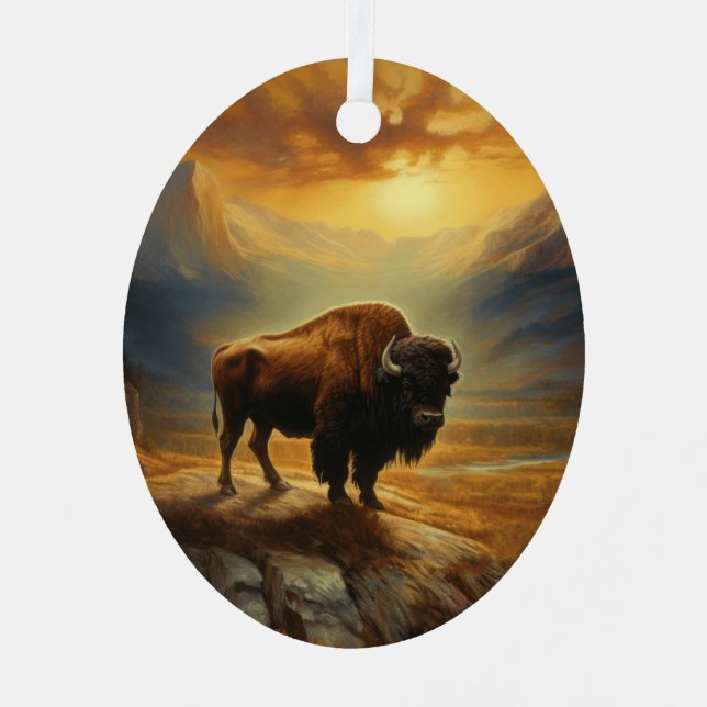 Buffalo Bison Sunset Silhouette Ornament Aus Metall (Vorderseite)
