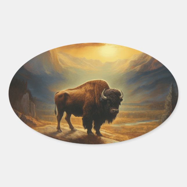 Buffalo Bison Sunset Silhouette Ovaler Aufkleber (Vorderseite)