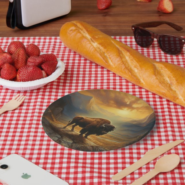 Buffalo Bison Sunset Silhouette Pappteller (Picknick)