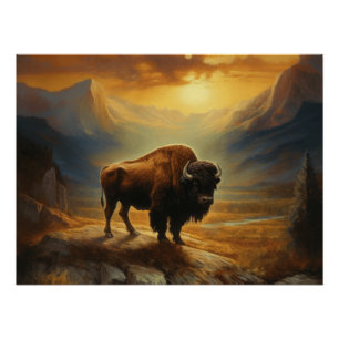 Buffalo Bison Sunset Silhouette Poster