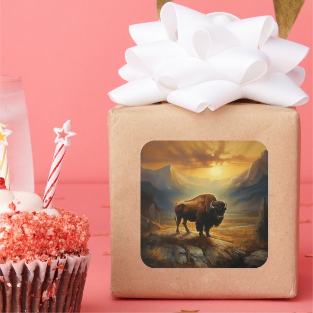 Buffalo Bison Sunset Silhouette Quadratischer Aufkleber (Party)